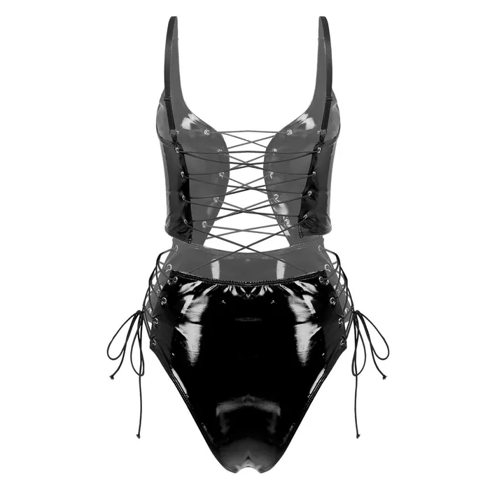 Male Sex Toys EVEs SECRETS Erotic Bodysuit with Adjustable Spaghetti Straps Womens Sexy Wetlook Laceup Outfits