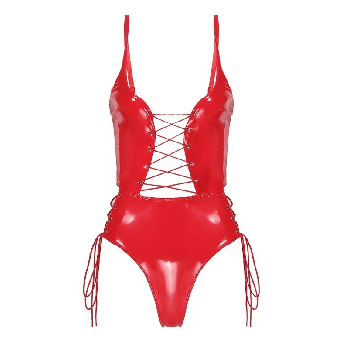 Male Sex Toys EVEs SECRETS Erotic Bodysuit with Adjustable Spaghetti Straps Womens Sexy Wetlook Laceup Outfits