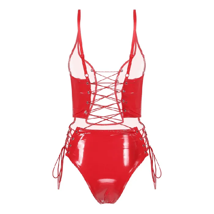 Male Sex Toys EVEs SECRETS Erotic Bodysuit with Adjustable Spaghetti Straps Womens Sexy Wetlook Laceup Outfits