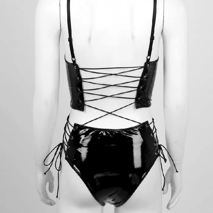 Male Sex Toys EVEs SECRETS Erotic Bodysuit with Adjustable Spaghetti Straps Womens Sexy Wetlook Laceup Outfits