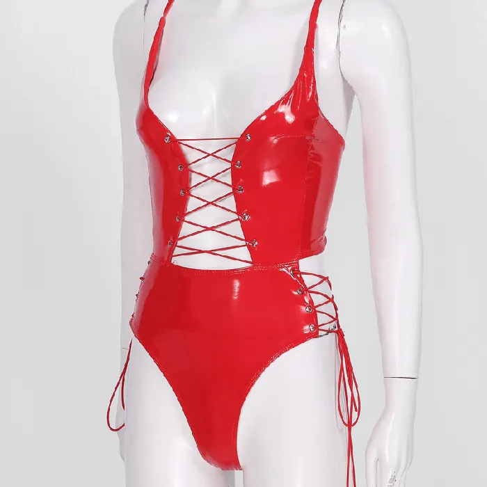 Male Sex Toys EVEs SECRETS Erotic Bodysuit with Adjustable Spaghetti Straps Womens Sexy Wetlook Laceup Outfits