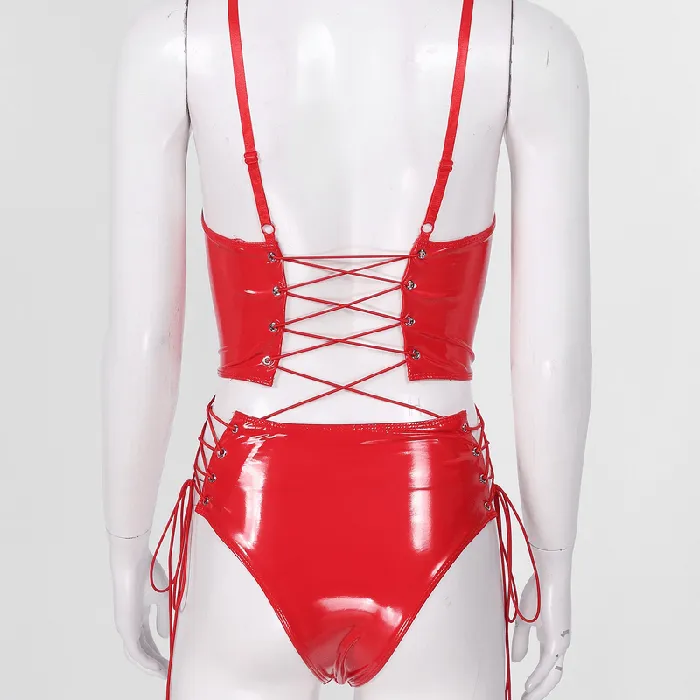 Male Sex Toys EVEs SECRETS Erotic Bodysuit with Adjustable Spaghetti Straps Womens Sexy Wetlook Laceup Outfits